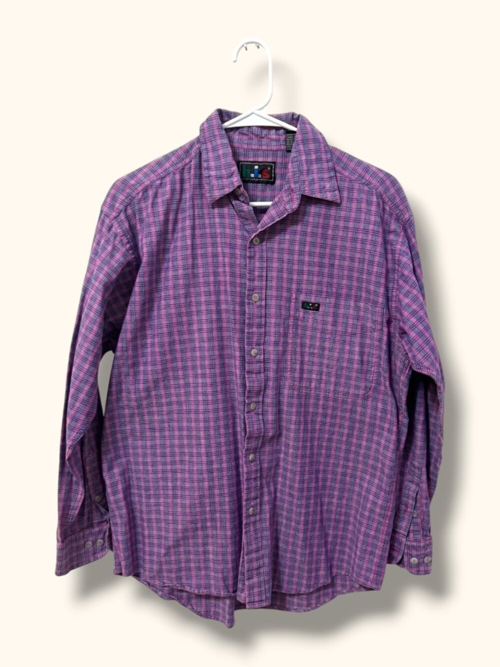 h.i.s Shirt Mens M Pink Purple Plaid Long Sleeve Button Up 100% Cotton 90s VTG